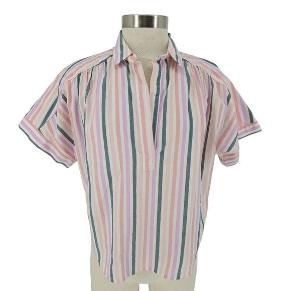Universal Thread Tops - Universal Thread Shirt Striped Short Sleeve Boxy Collared V Neck Popover Top